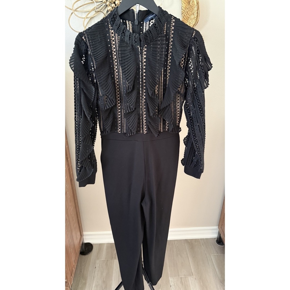 French Connection Lace Mesh Pleated Ruffle Jumpsuit Black Womens US 8 UK 12